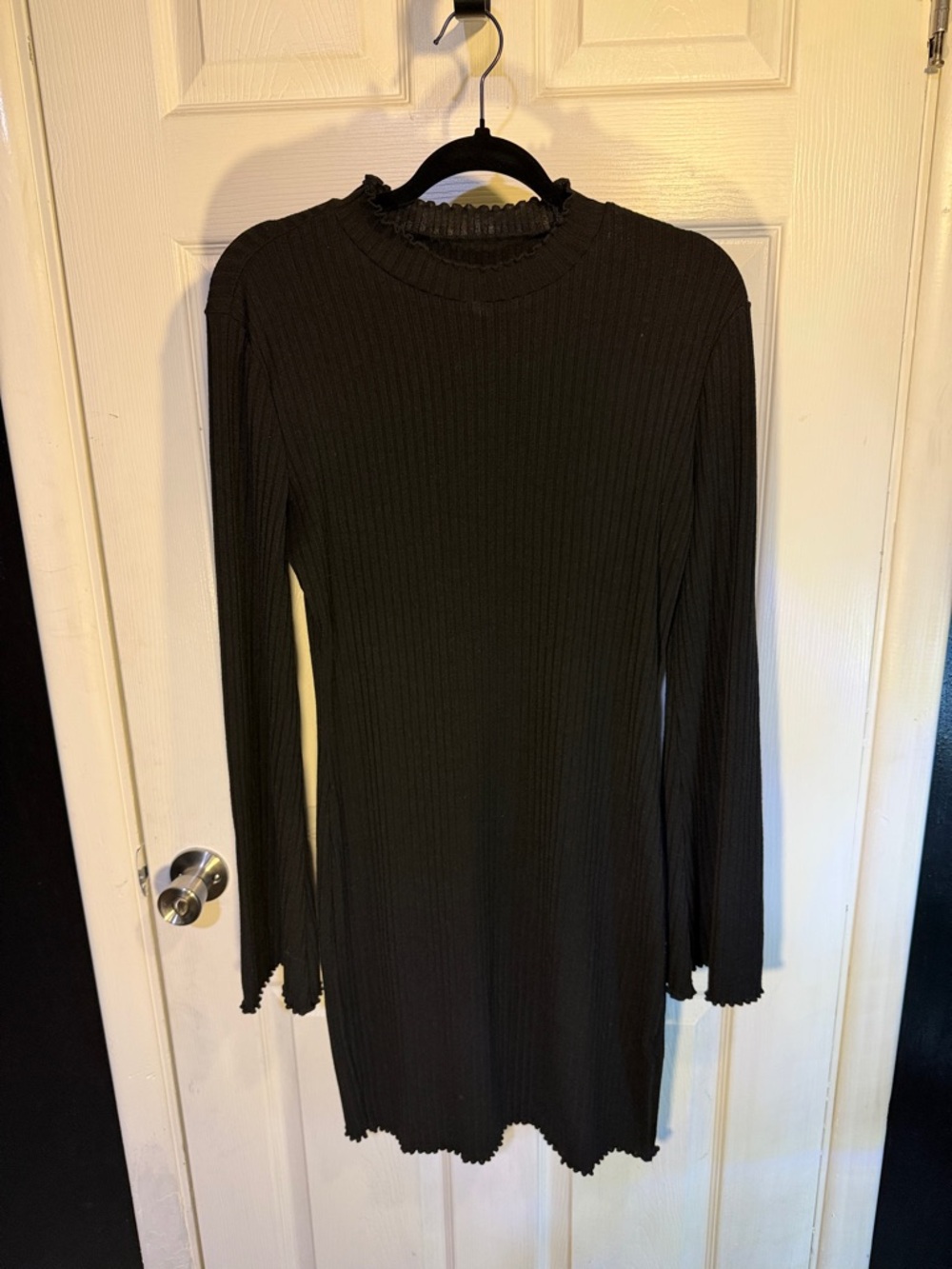 SHEIN Black Ribbed Long Sleeve Mock-Neck Dress with Lettuce Trim